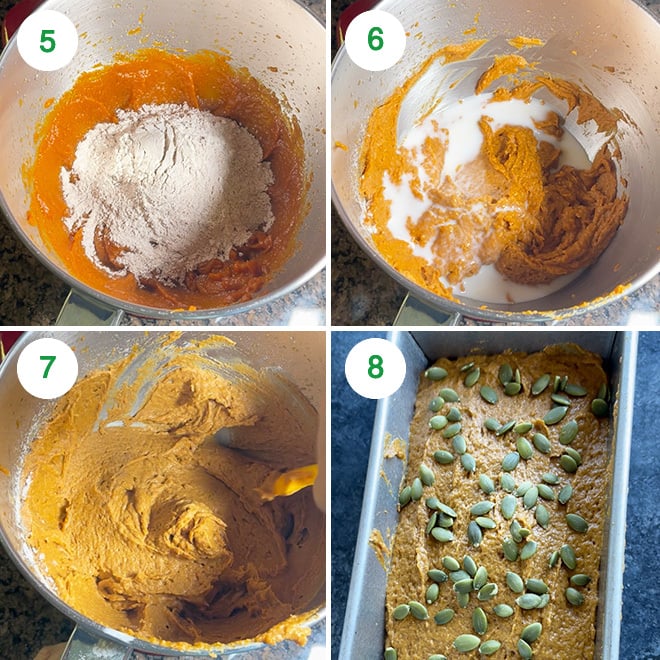 step by step picture collage of making vegan pumpkin bread