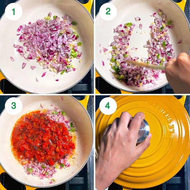 step by step picture collage of making vegetable chickpea coconut curry