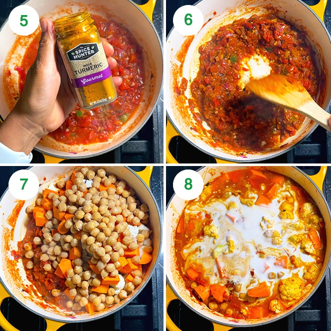 step by step picture collage of making vegetable chickpea coconut curry