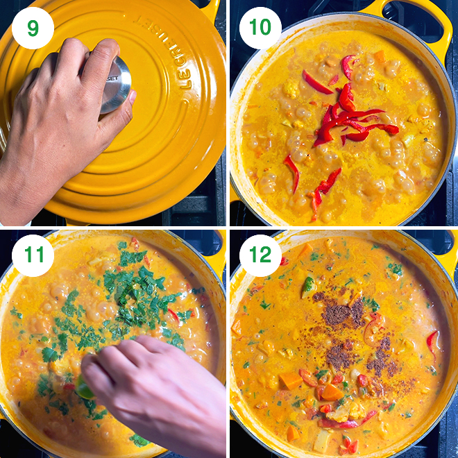 step by step picture collage of making vegetable chickpea coconut curry