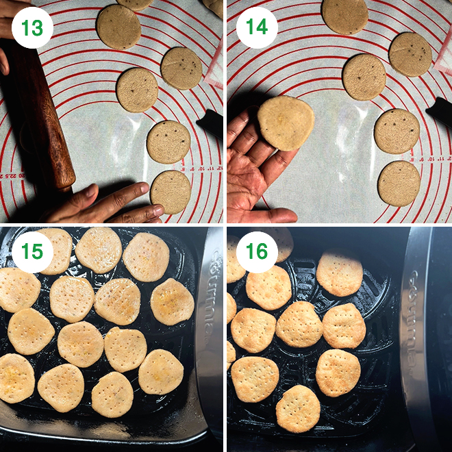 step by step picture collage of making achari mathri in the air fryer