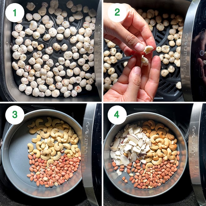 step by step picture collage of making makhana namkeen in air fryer
