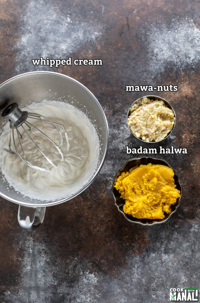 bowls of badam halwa, mawa and a large bowl with whipped cream