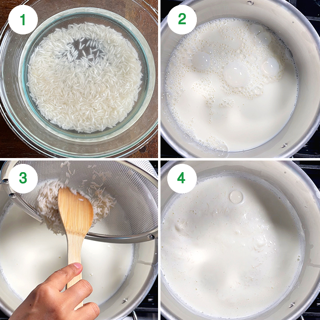 step by step picture collage of making butterscotch kheer