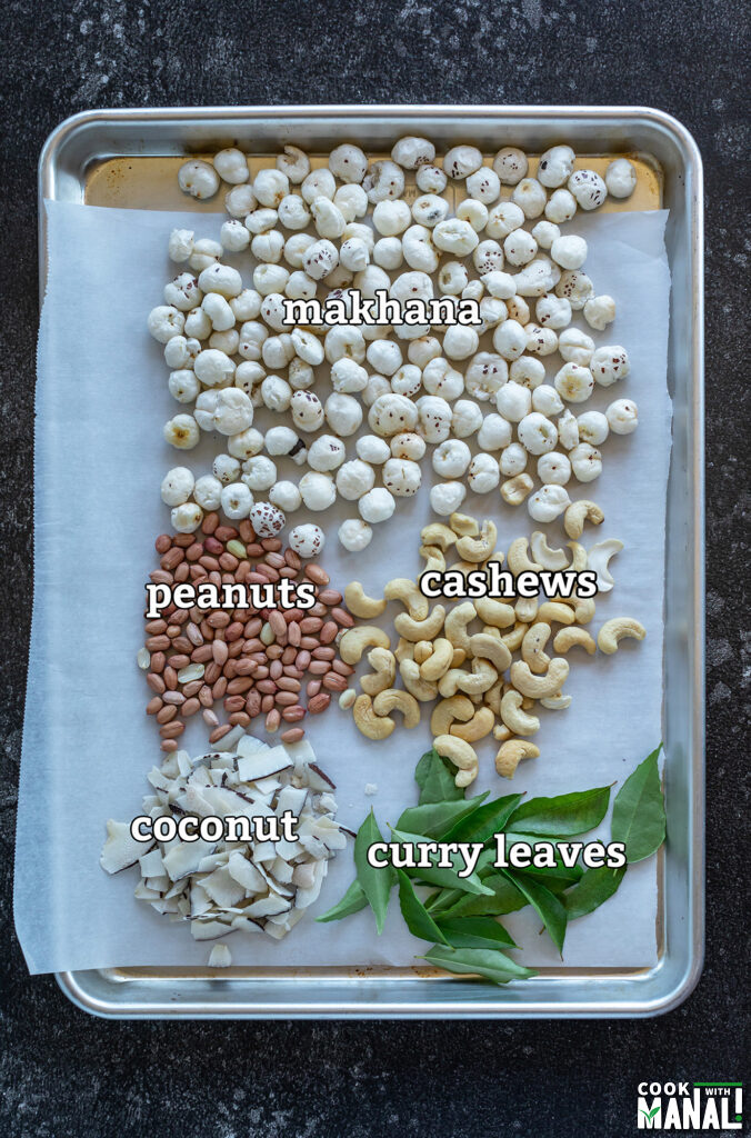 ingredients required for making makhana namkeen arranged on a baking tray
