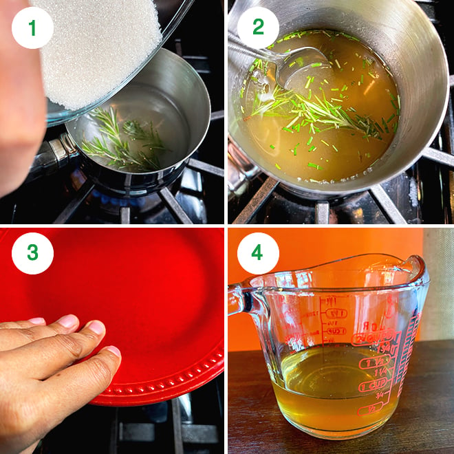 step by step picture collage of making orange rosemary mocktail