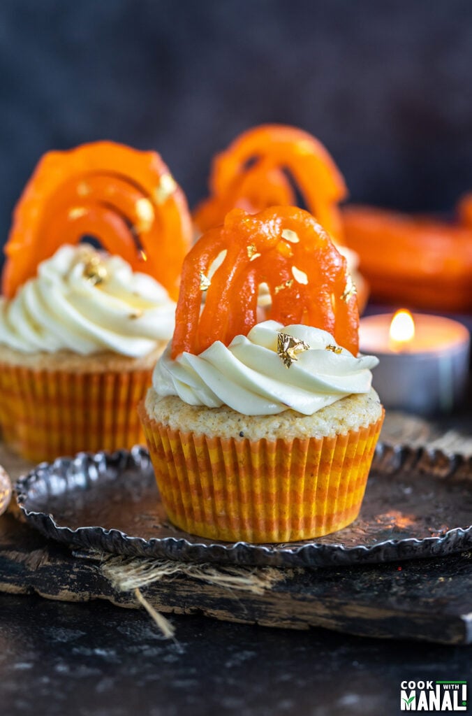 frosted cupcakes topped with jalebi