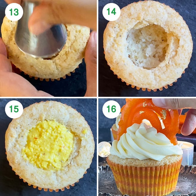 step by step picture collage of making rabdi jalebi cupcakes