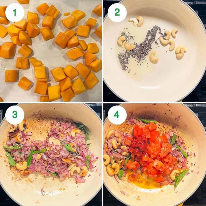 step by step picture collage of making butternut squash sabzi with peas