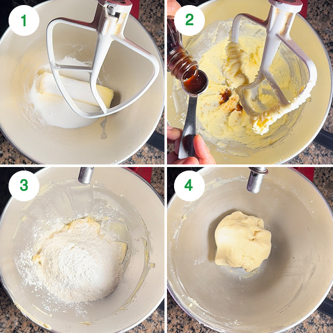 step by step picture collage of making eggless thumbprint cookies