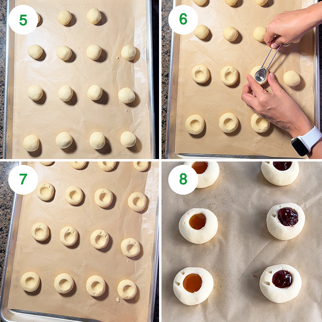 step by step picture collage of making eggless thumbprint cookies
