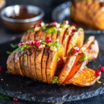 hasselback potatoes sliced into thick slices and drizzled with chutneys and topped with cilantro, mint