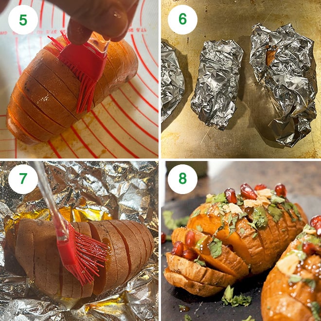 step by step picture collage of making hasselback sweet potatoes chaat