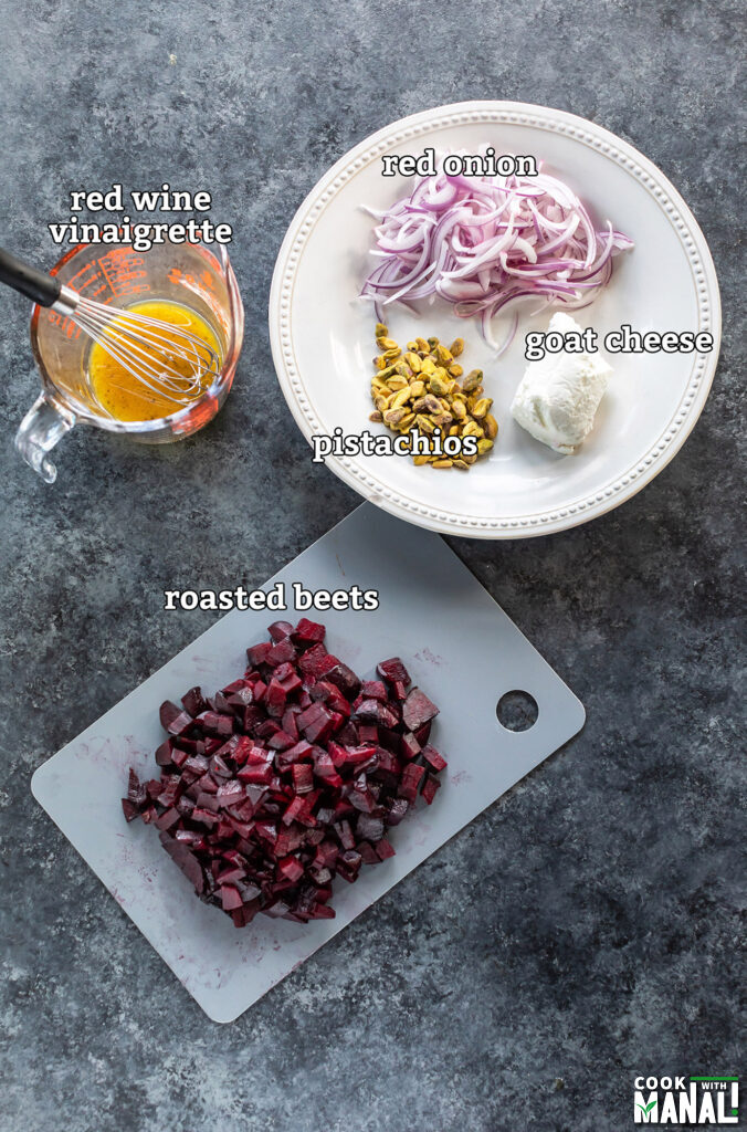 ingredients for roasted beets arranged on a board