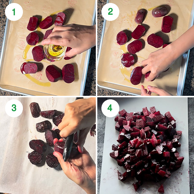 step by step picture collage of making roasted beets with goat cheese