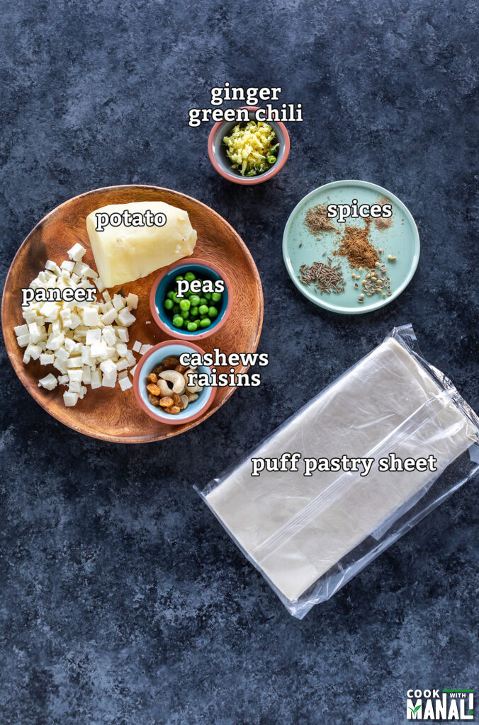 ingredients for puff pastry pinwheels arranged on a board