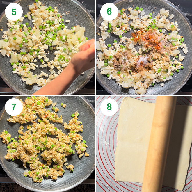 step by step picture collage of making samosa pinwheels using puff pastry