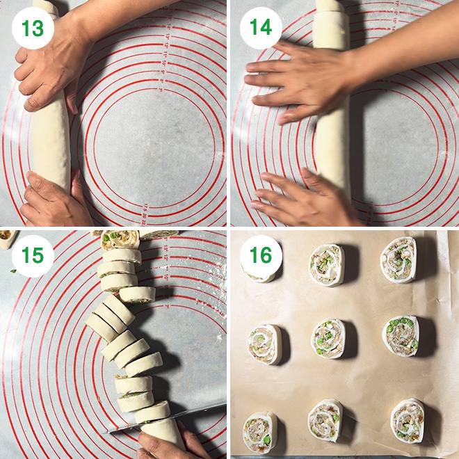 step by step picture collage of making samosa pinwheels using puff pastry