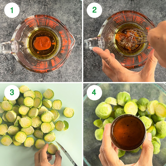 step by step picture collage of making brussel sprouts in air fryer