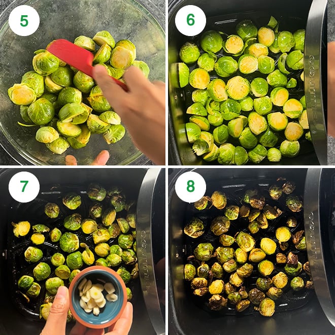 step by step picture collage of making brussel sprouts in air fryer