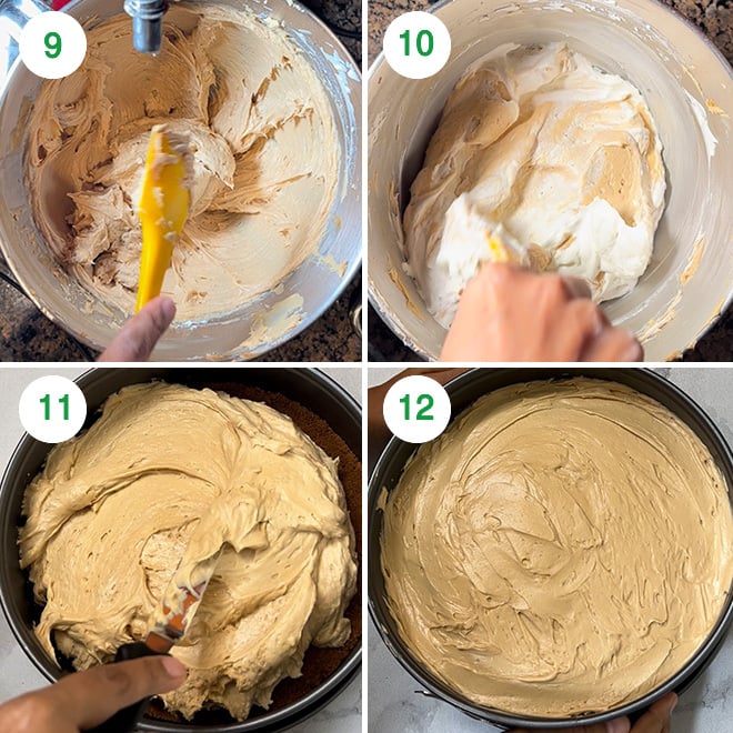step by step picture collage of making biscoff cheesecake