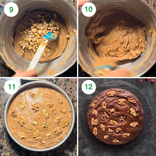 step by step picture collage of making eggless date walnut cake
