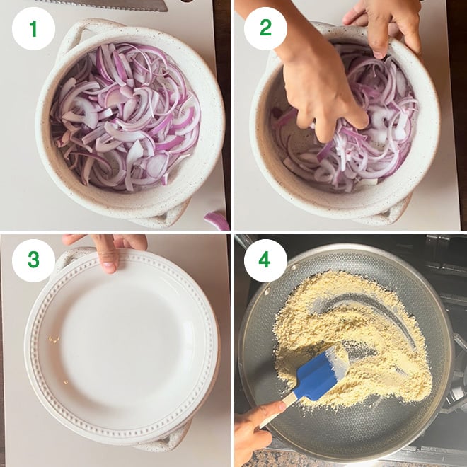 step by step picture collage of making onion pakoda in air fryer