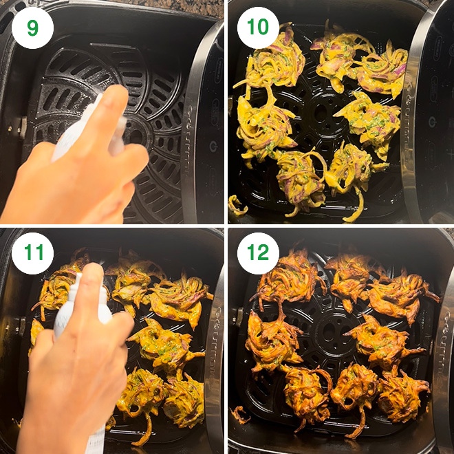 step by step picture collage of making onion pakoda in air fryer