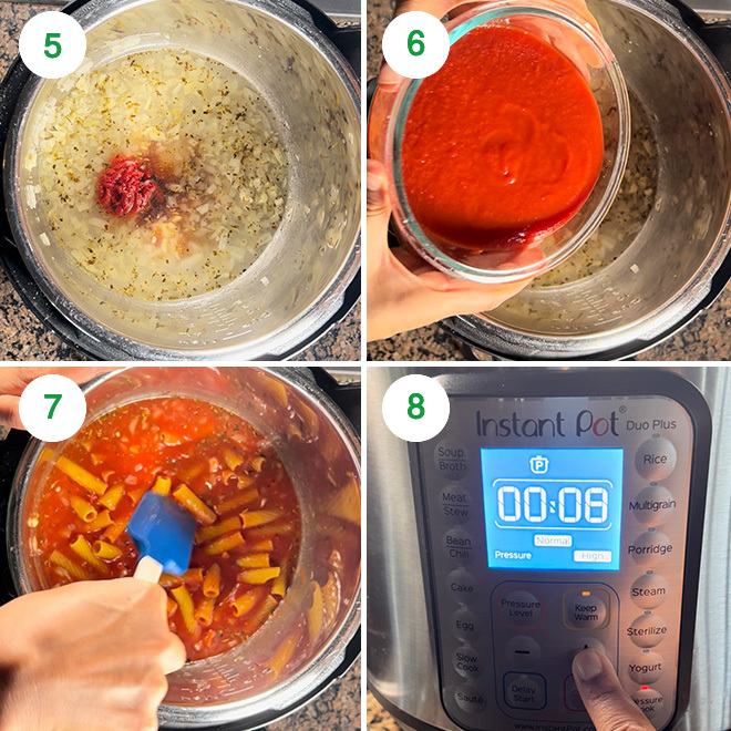 step by step picture collage of making rigatoni pasta in Instant Pot