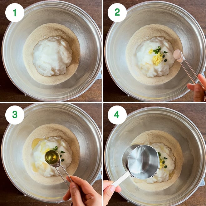 step by step picture collage of making rava dhokla