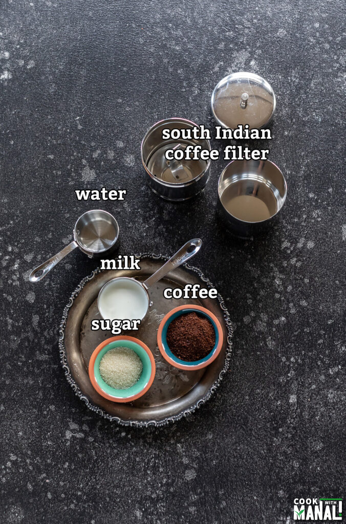ingredients for filter coffee arranged on a board