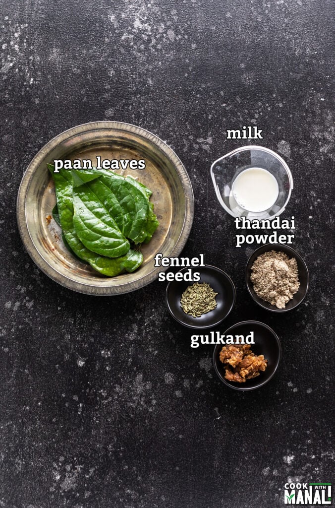 ingredients for making paan thandai shots arranged on a board