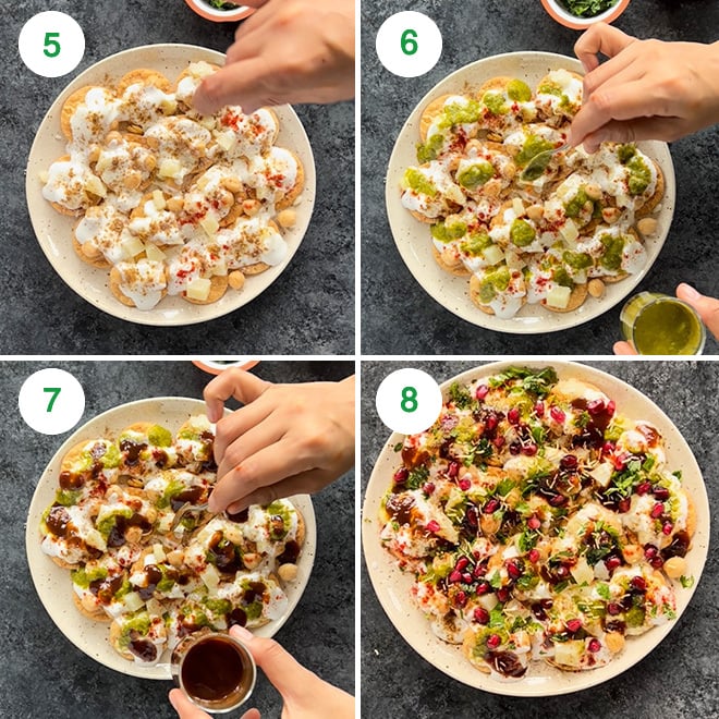 step by step picture collage of making papdi chaat