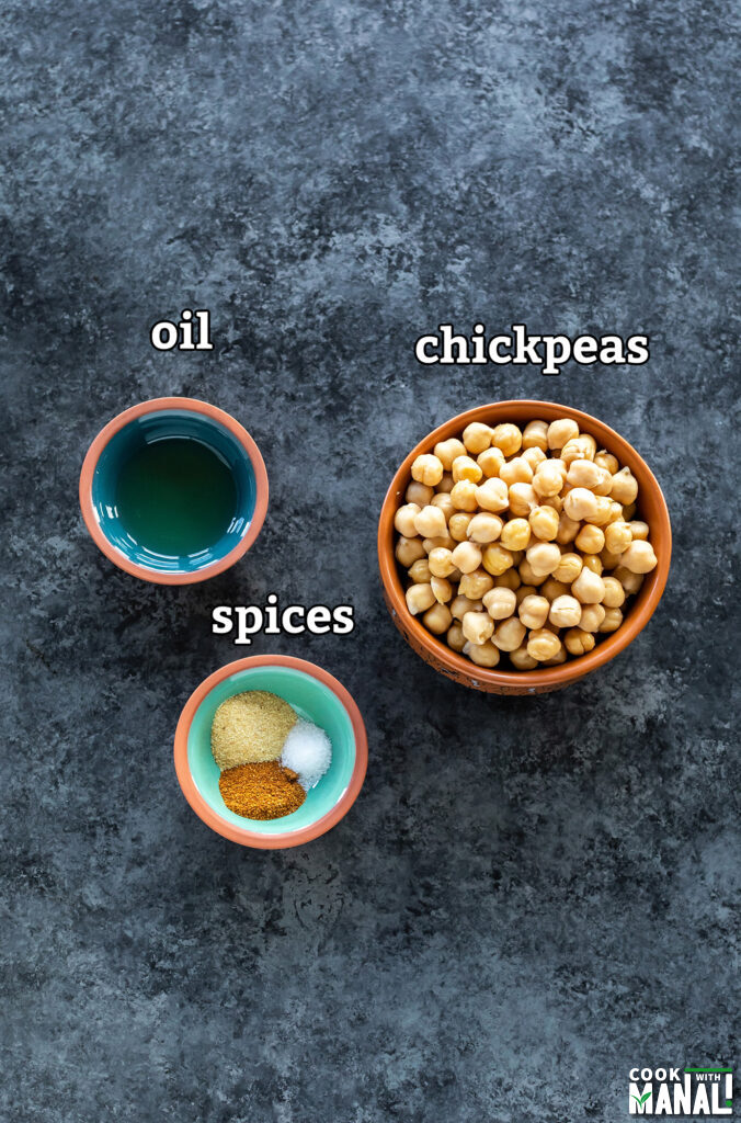 ingredients for air fryer chickpeas arranged on a board