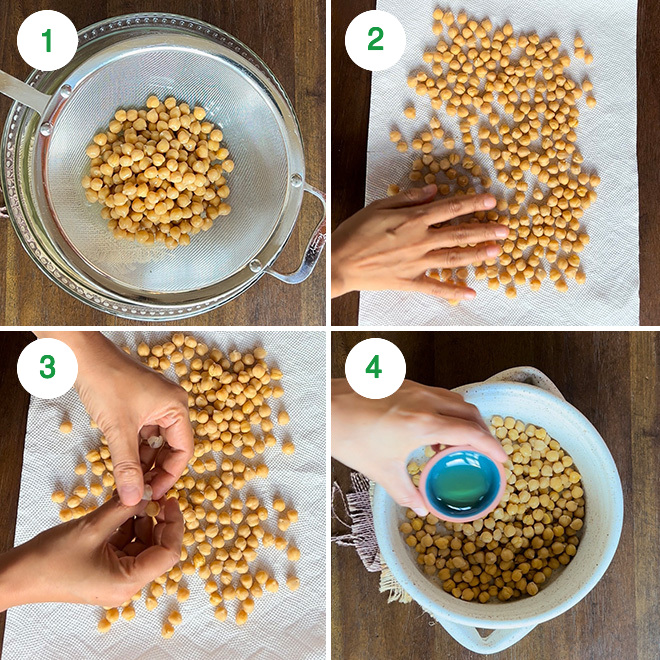 step by step picture collage of making crispy chickpeas in air fryer