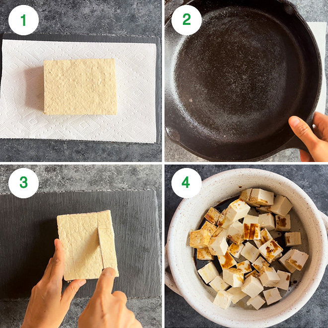 step by step picture collage of making crispy tofu in air fryer