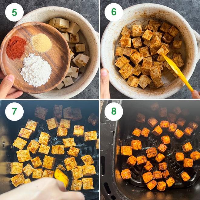 step by step picture collage of making crispy tofu in air fryer