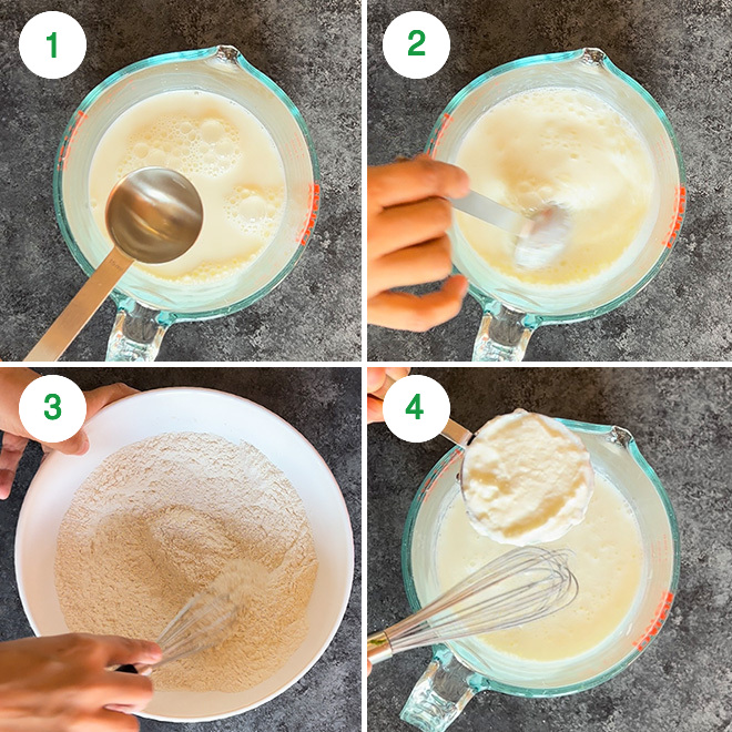 step by step picture collage to make eggless pancakes