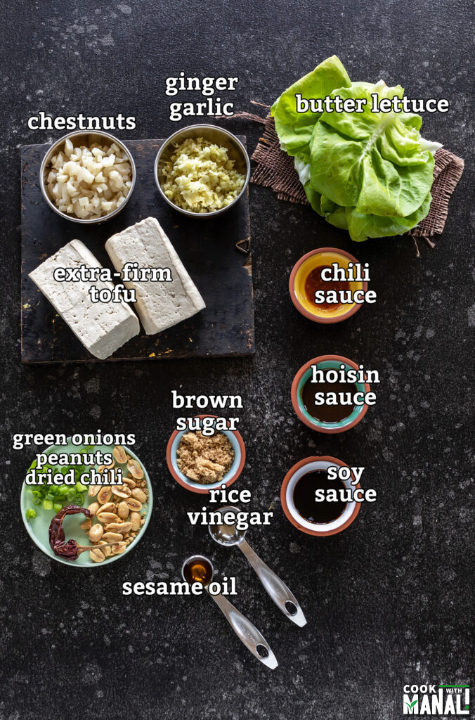 ingredients for tofu lettuce wraps arranged on a board