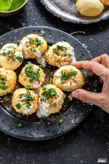 golgappa topped with cilantro and sev arranged on a plate