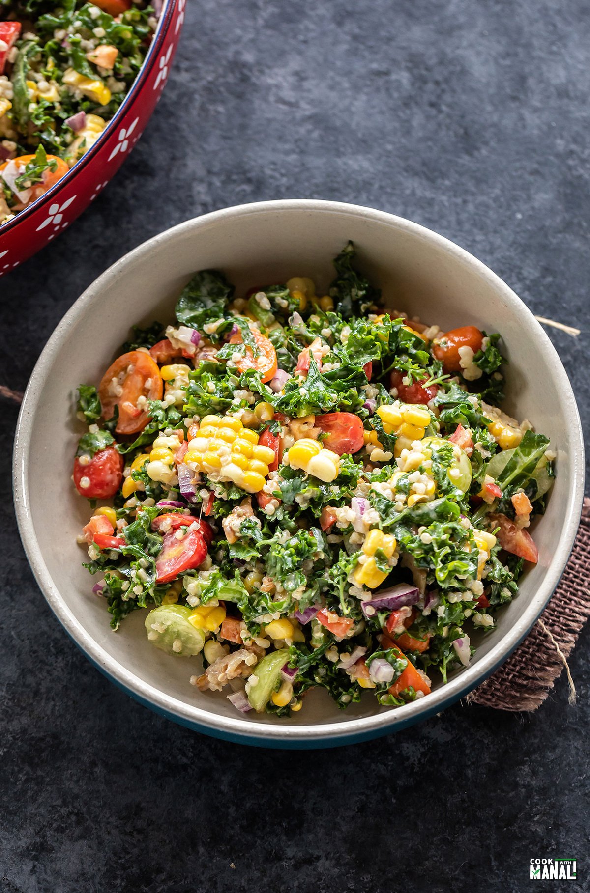 Fresh Corn, Kale & Quinoa Salad with Tahini Dressing Cook With Manali