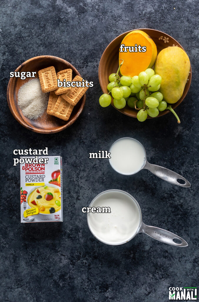 ingredients for making fruit custard icebox cake arranged on a board