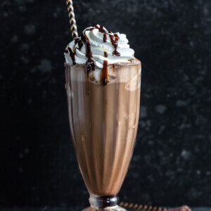 iced mocha served in a tall glass garnished with whipped cream and chocolate syrup