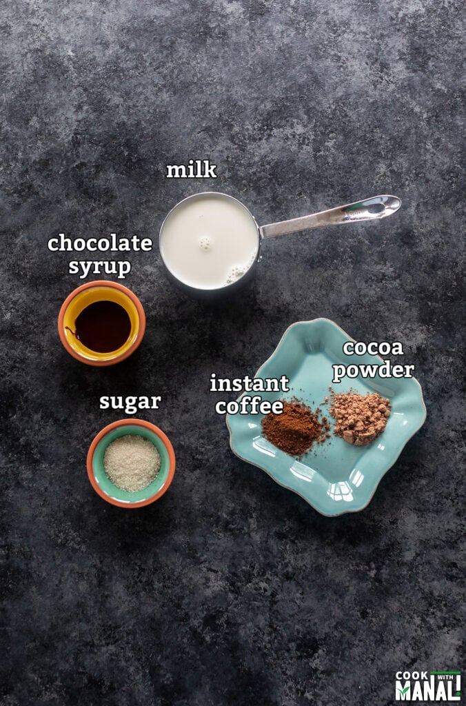 ingredients for iced mocha arranged on a board