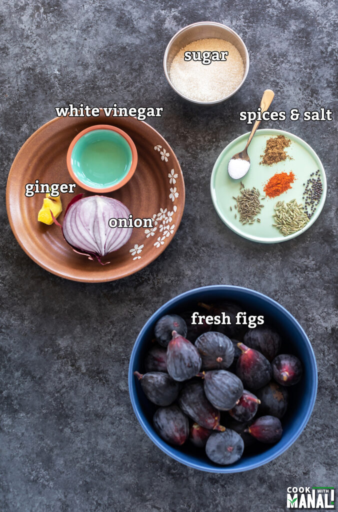 ingredients for fig chutney arranged on a board