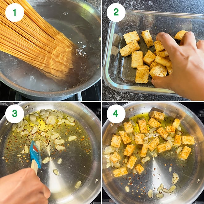 step by step picture collage of making paneer pesto pasta