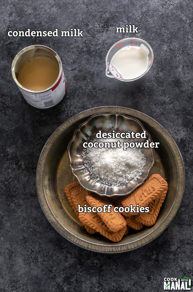 ingredients for making biscoff ladoo arranged on a board