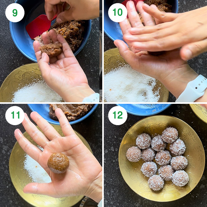 step by step picture collage of making biscoff ladoo