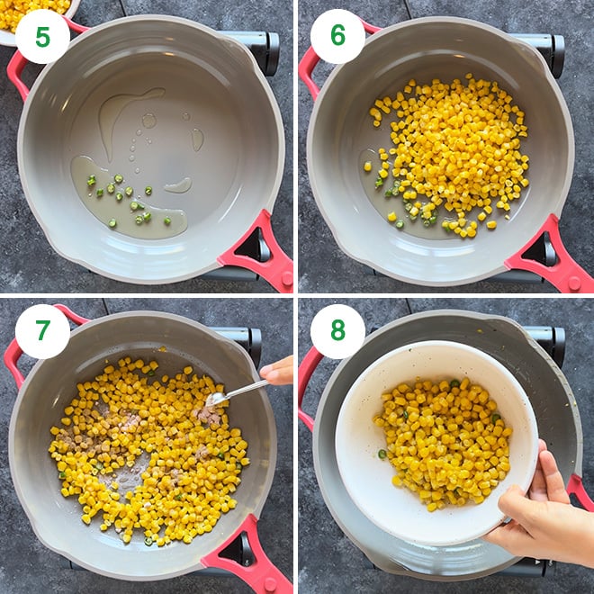 step by step picture collage of making paneer tikka corn chaat