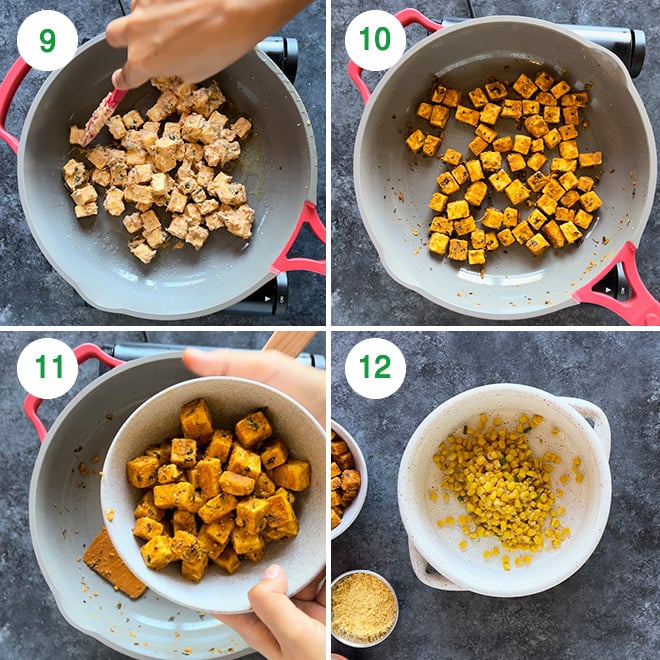 step by step picture collage of making paneer tikka corn chaat